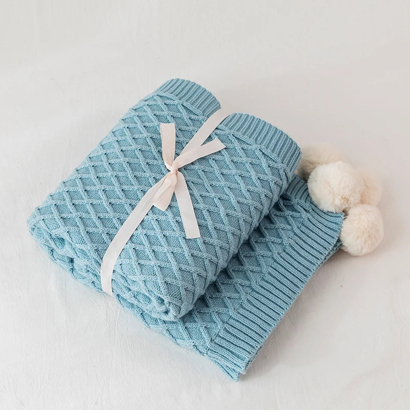 Turquoise Diamond Knit Throw with PomPom Tassels Blanket - Brasss Living