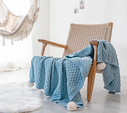 Turquoise Diamond Knit Throw with PomPom Tassels Blanket - Brasss Living