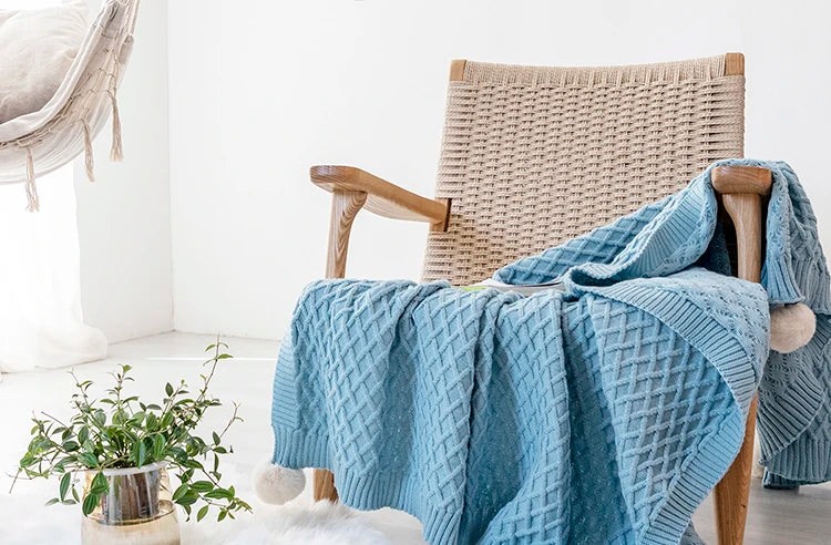 Turquoise Diamond Knit Throw with PomPom Tassels Blanket - Brasss Living