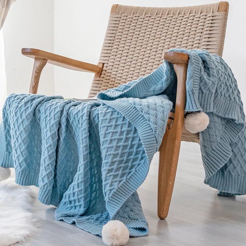 Turquoise Diamond Knit Throw with PomPom Tassels Blanket - Brasss Living