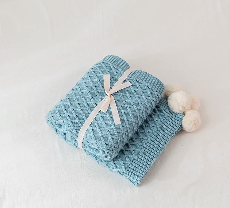 Turquoise Diamond Knit Throw with PomPom Tassels Blanket - Brasss Living