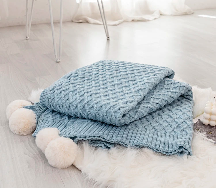 Turquoise Diamond Knit Throw with PomPom Tassels Blanket - Brasss Living