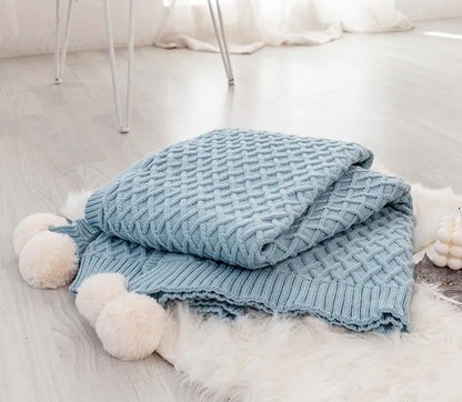 Turquoise Diamond Knit Throw with PomPom Tassels Blanket - Brasss Living