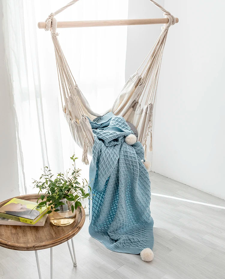 Turquoise Diamond Knit Throw with PomPom Tassels Blanket - Brasss Living