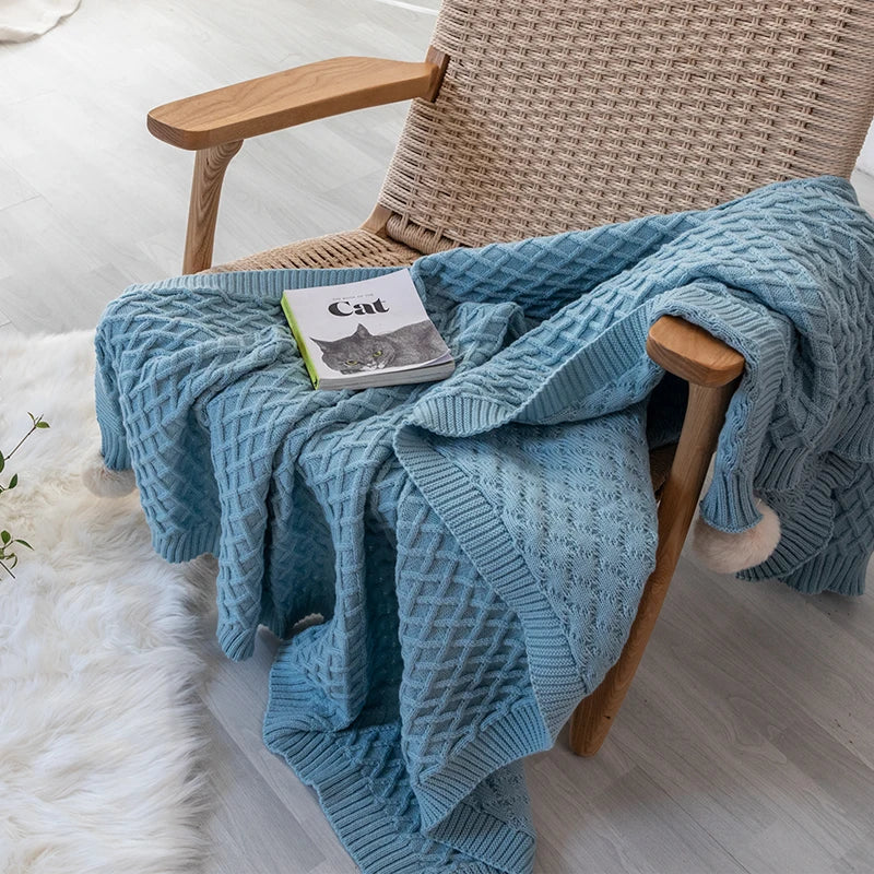 Turquoise Diamond Knit Throw with PomPom Tassels Blanket - Brasss Living