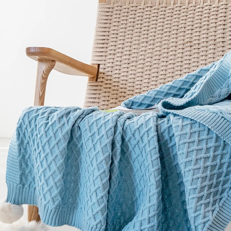 Turquoise Diamond Knit Throw with PomPom Tassels Blanket - Brasss Living