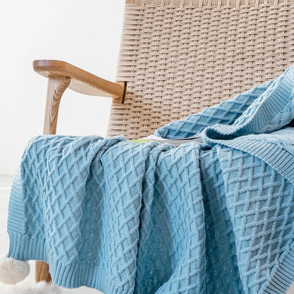 Turquoise Diamond Knit Throw with PomPom Tassels Blanket - Brasss Living