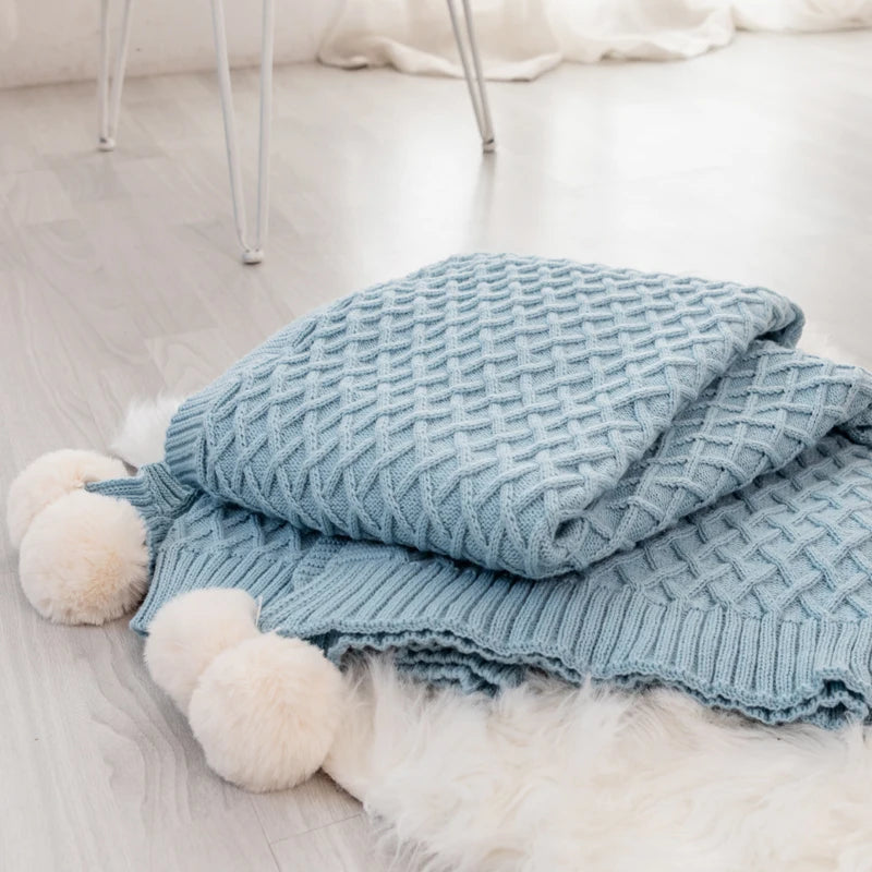 Turquoise Diamond Knit Throw with PomPom Tassels Blanket - Brasss Living