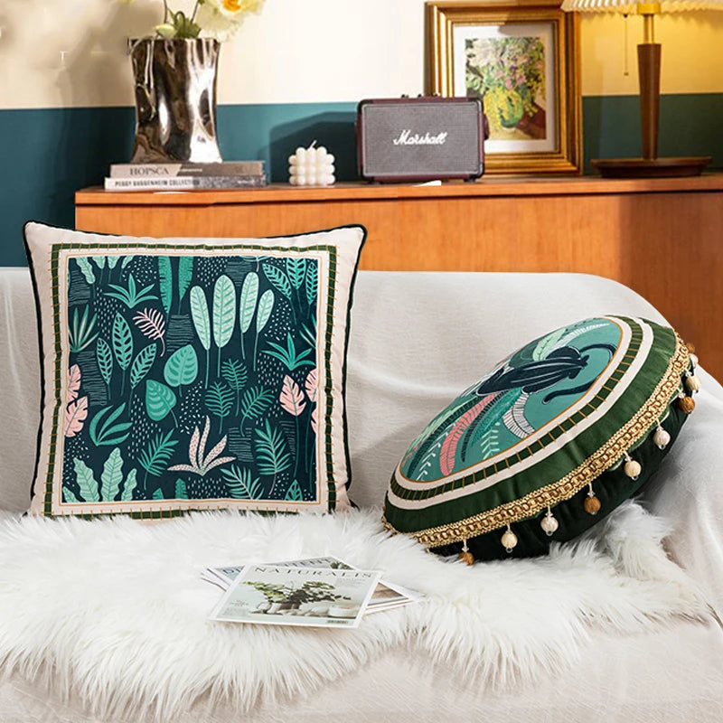 Velvet Green Leaves Moss Printed Pillow Cushion Cover - Brasss Living