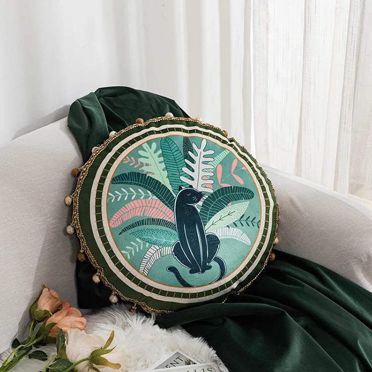 Velvet Green Leaves Moss Printed Pillow Cushion Cover - Brasss Living