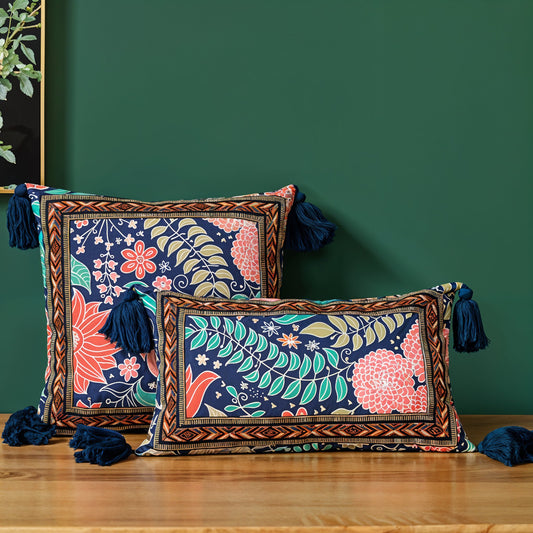 Vintage Floral Cushion Cover with Tassles Pillow - Brass Living