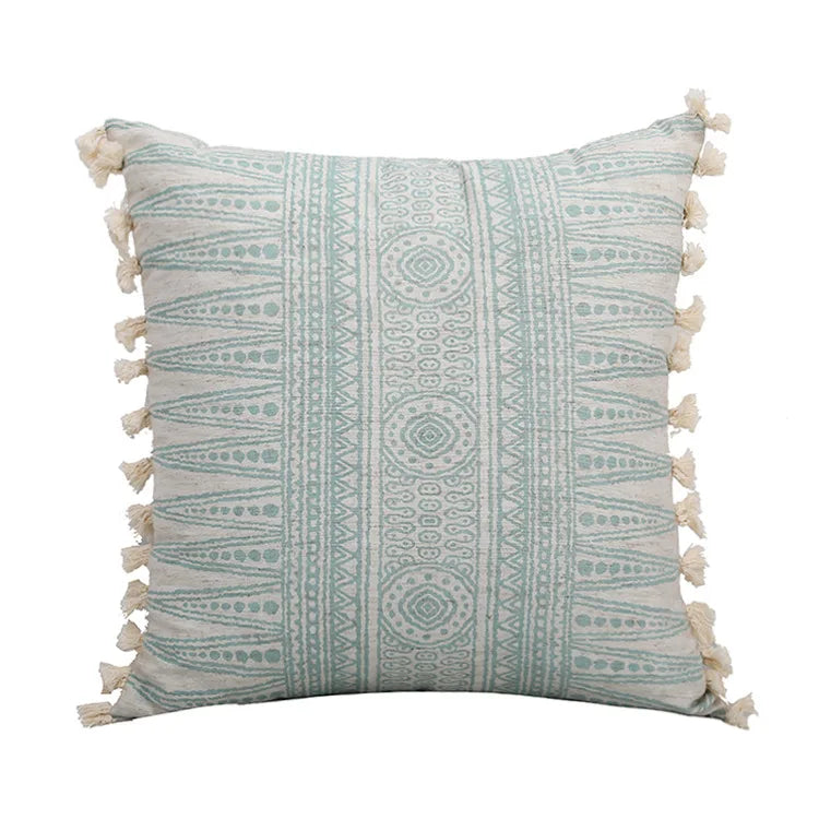 Vintage Green Cotton Linen Cushion Cover with Tassles Pillow - Brasss Living