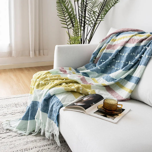 Washed Cotton Blanket Sofa Throw Tassles Stripe Summer - Brasss Living