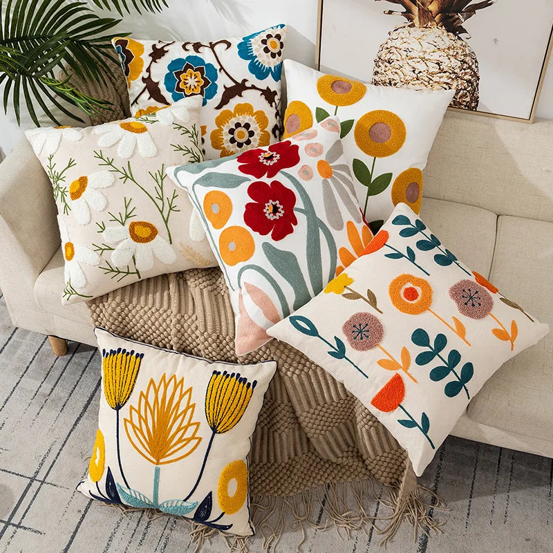 Wild Floral Embroidery Dandelion Sunflower Pillow Cushion Cover - Brasss Living