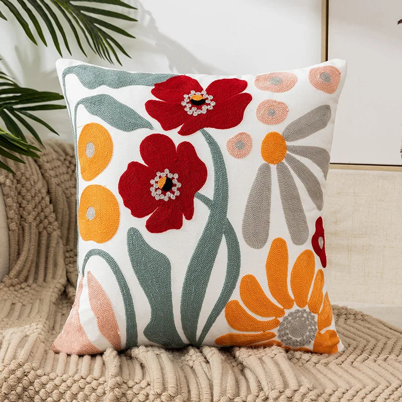 Wild Floral Embroidery Dandelion Sunflower Pillow Cushion Cover - Brasss Living