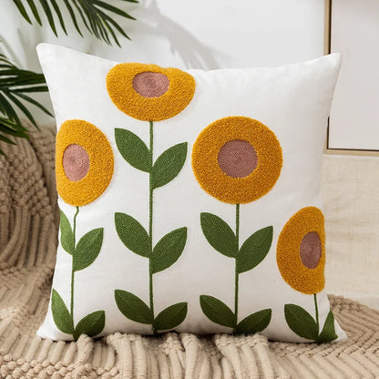 Wild Floral Embroidery Dandelion Sunflower Pillow Cushion Cover - Brasss Living