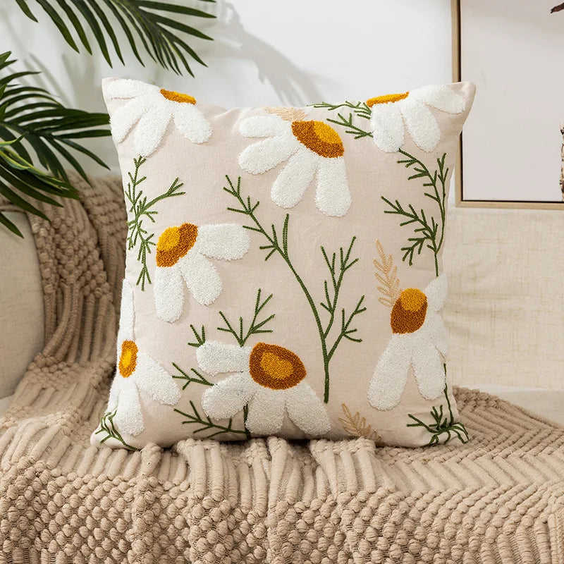 Wild Floral Embroidery Dandelion Sunflower Pillow Cushion Cover - Brasss Living