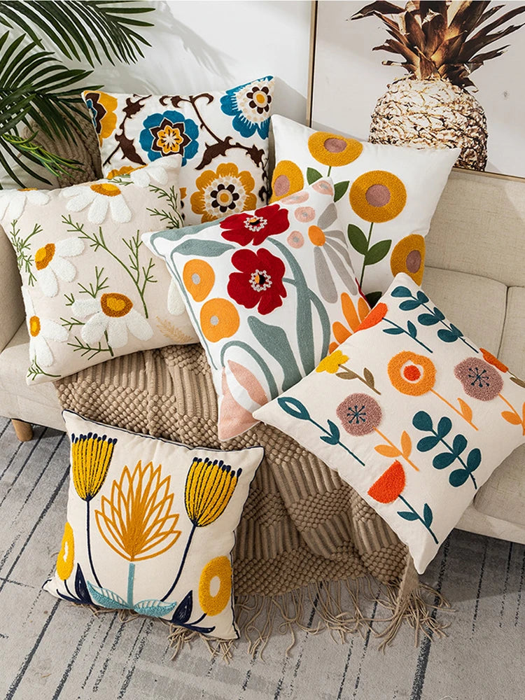 Wild Floral Embroidery Dandelion Sunflower Pillow Cushion Cover - Brasss Living