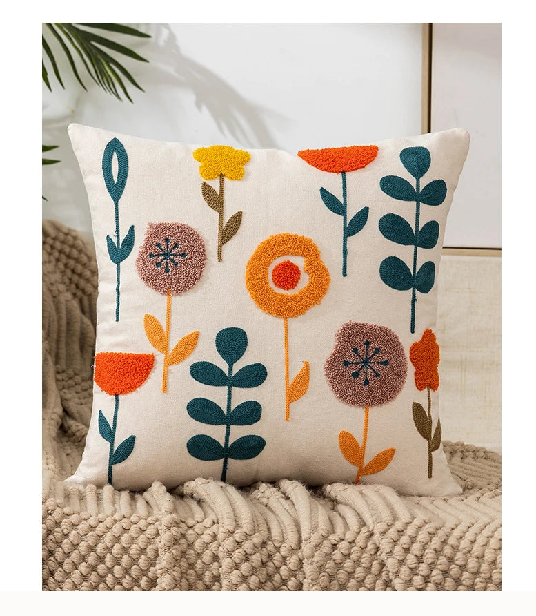 Wild Floral Embroidery Dandelion Sunflower Pillow Cushion Cover - Brasss Living