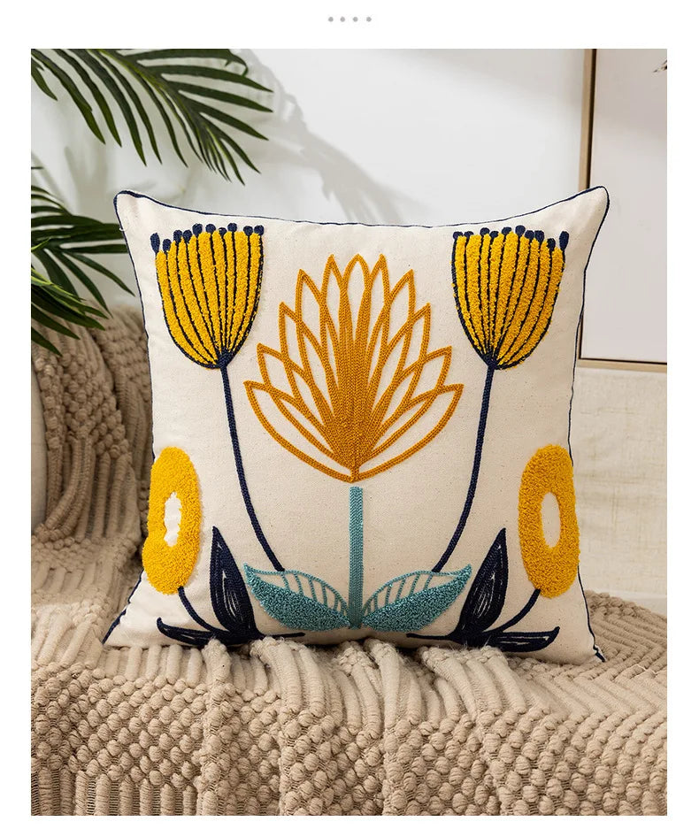 Wild Floral Embroidery Dandelion Sunflower Pillow Cushion Cover - Brasss Living