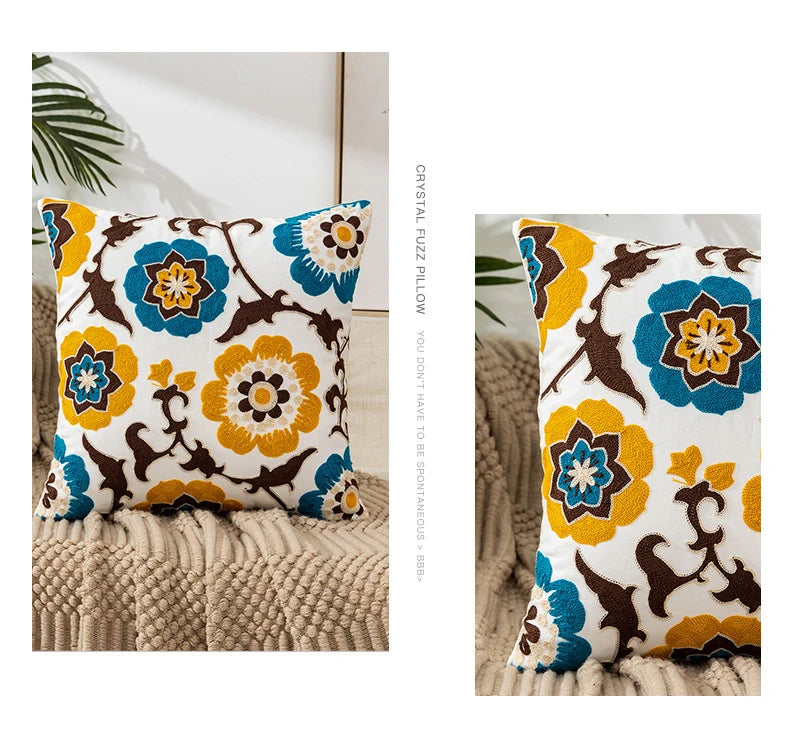 Wild Floral Embroidery Dandelion Sunflower Pillow Cushion Cover - Brasss Living