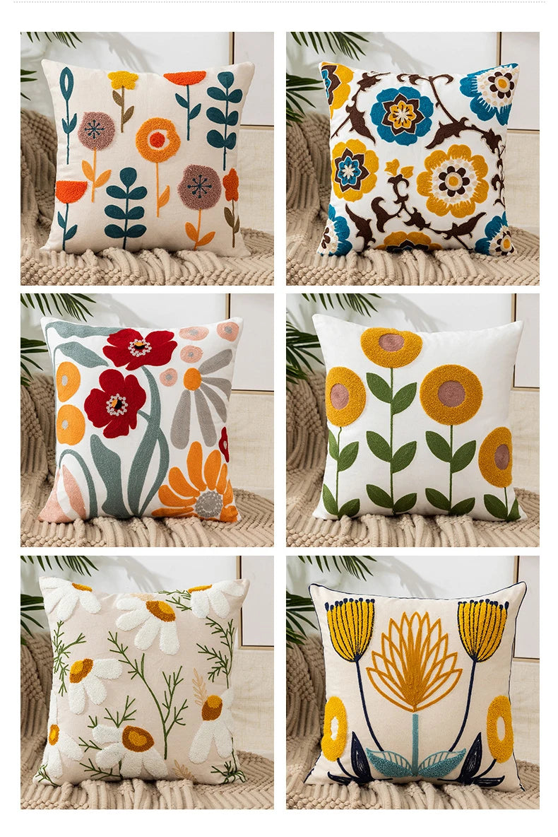 Wild Floral Embroidery Dandelion Sunflower Pillow Cushion Cover - Brasss Living