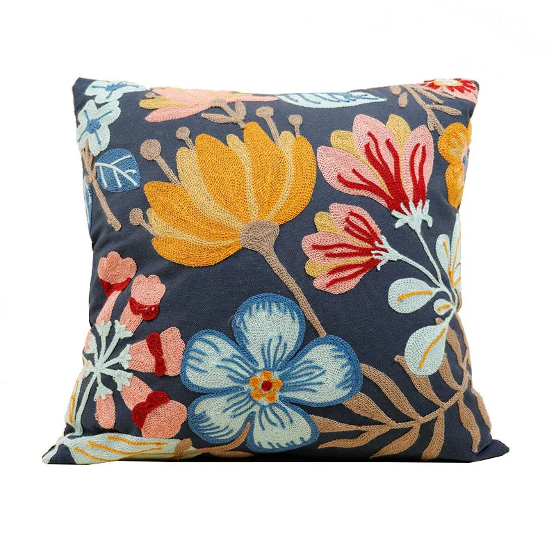 Wild Floral Embroidery Dandelion Sunflower Pillow Cushion Cover - Brasss Living