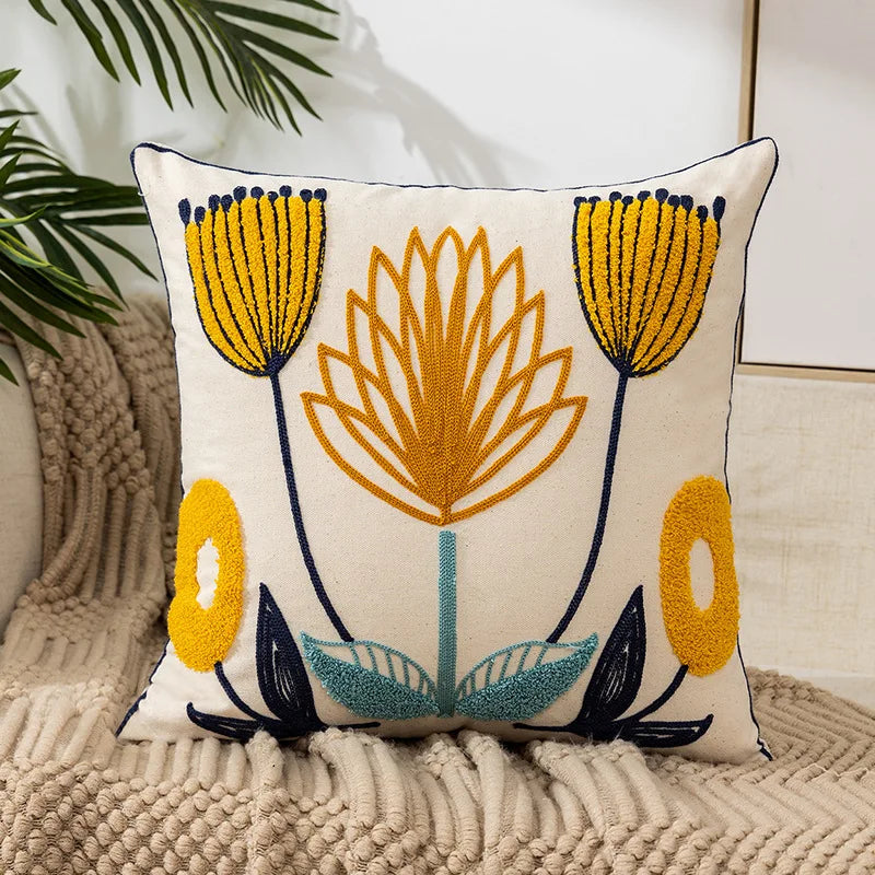 Wild Floral Embroidery Dandelion Sunflower Pillow Cushion Cover - Brasss Living