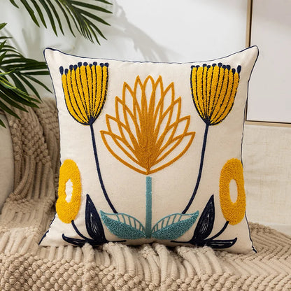 Wild Floral Embroidery Dandelion Sunflower Pillow Cushion Cover - Brasss Living